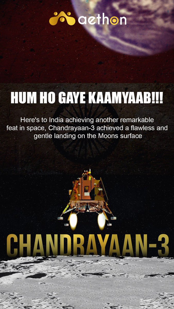 AethonWorld's tweet photo. Proud moment! Congratulations India 🎊 Thanks @isro for giving us this proud moment. #Chandrayaan3Landing #chandrayaan3 #ISRO #KeepTheGameOn https://t.co/t8FVjeudeB