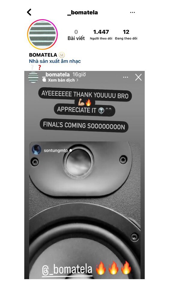 MTPGlobalUnion's tweet photo. [@sontungmtp777’s IG STORY UPDATE with Music Producer BOMATELA] 

“@/_bomatela🔥🔥🔥”

Bomatela re-uploaded with status:
“AYE THANK YOU BRO 💪🔥
APPRECIATE IT👽🖤
FINAL'S COMING SOON”

#SonTungMTP #SKYMTP https://t.co/UENJZxqYS9