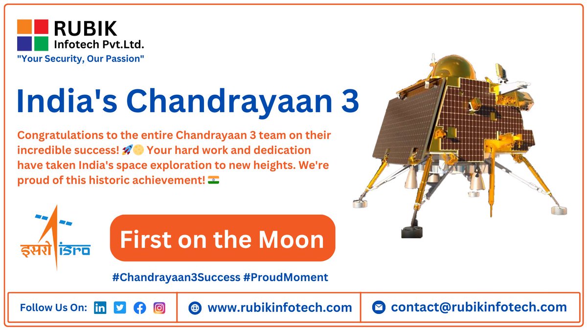 Congratulations to ISRO and the Chandrayaan 3 team for this historic achievement! 🌕🚀 #Chandrayaan3Success #IndiaInSpace #SpaceExploration #ISRO #MoonLanding #LunarSuccess #ProudIndian #STEM #Inspiration #ScientificDiscovery #Innovation #SpacePioneers #MoonMission #rubikinfotech