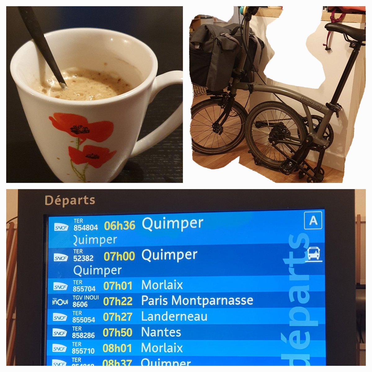 Quand tu oublies de vérifier si ton train circule, pas de TGV à 6h31 départ de Brest ce matin 😓  Hop, un retour en #Brompton, un ti café et retour à la gare pr 7h22
#lesportcestlasanté 
#Avéloauboulot 
<a href="/SNCFVoyageurs/">SNCF Voyageurs</a> A quand le retour du TGV de 6h31 de Brest à Paris ?