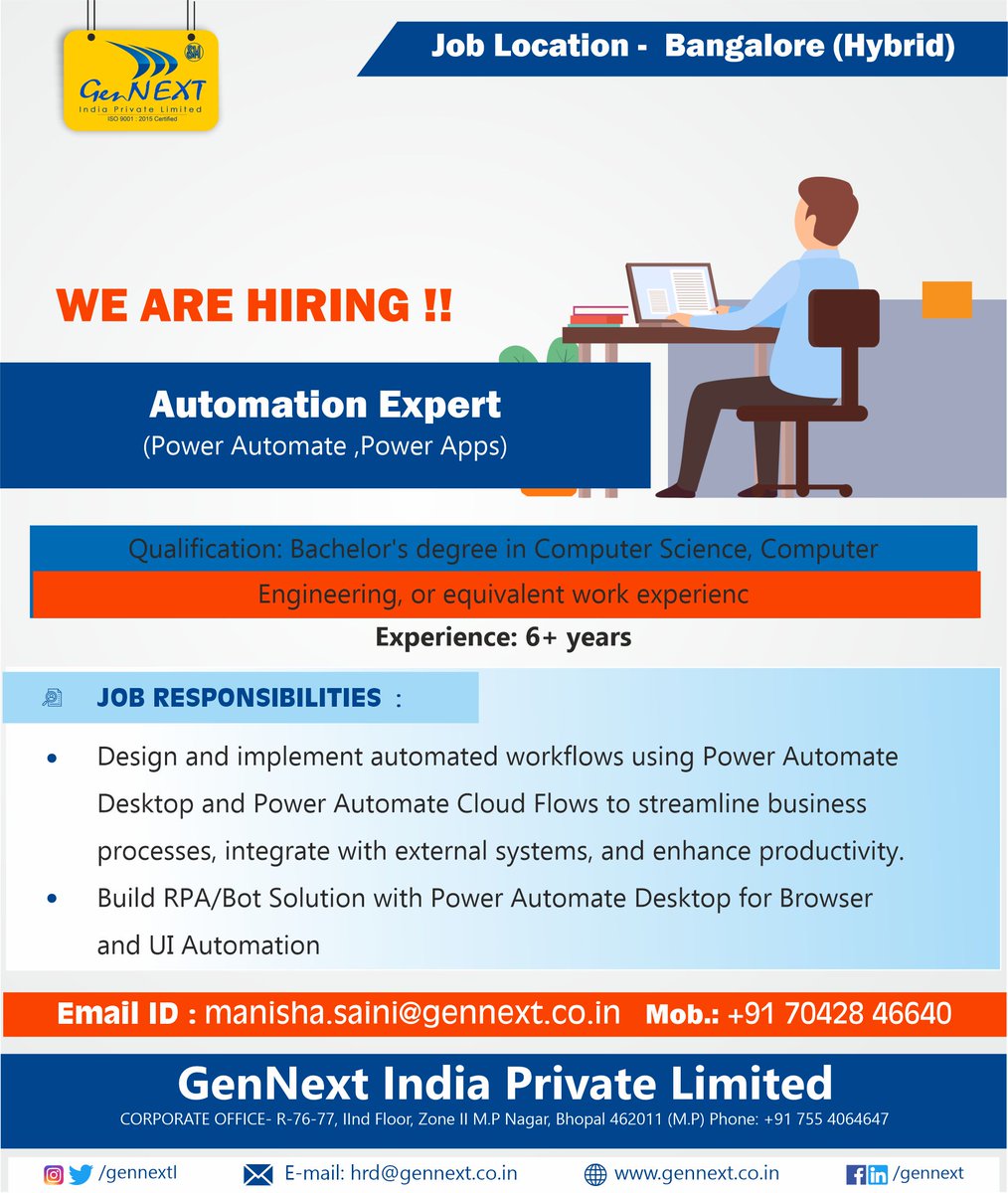 #urgentrequirement
Position:  Automation Expert (Power Automate ,Power Apps)

#automationexpertjob #hybird #rpa #uiautomation #powerautomate #bangalorejob #computerscience #hiring2023 #jobalert #jobalerts
 #job #work #jobalerts #vacancyjob #gennext #gennexthiring #gennextjob