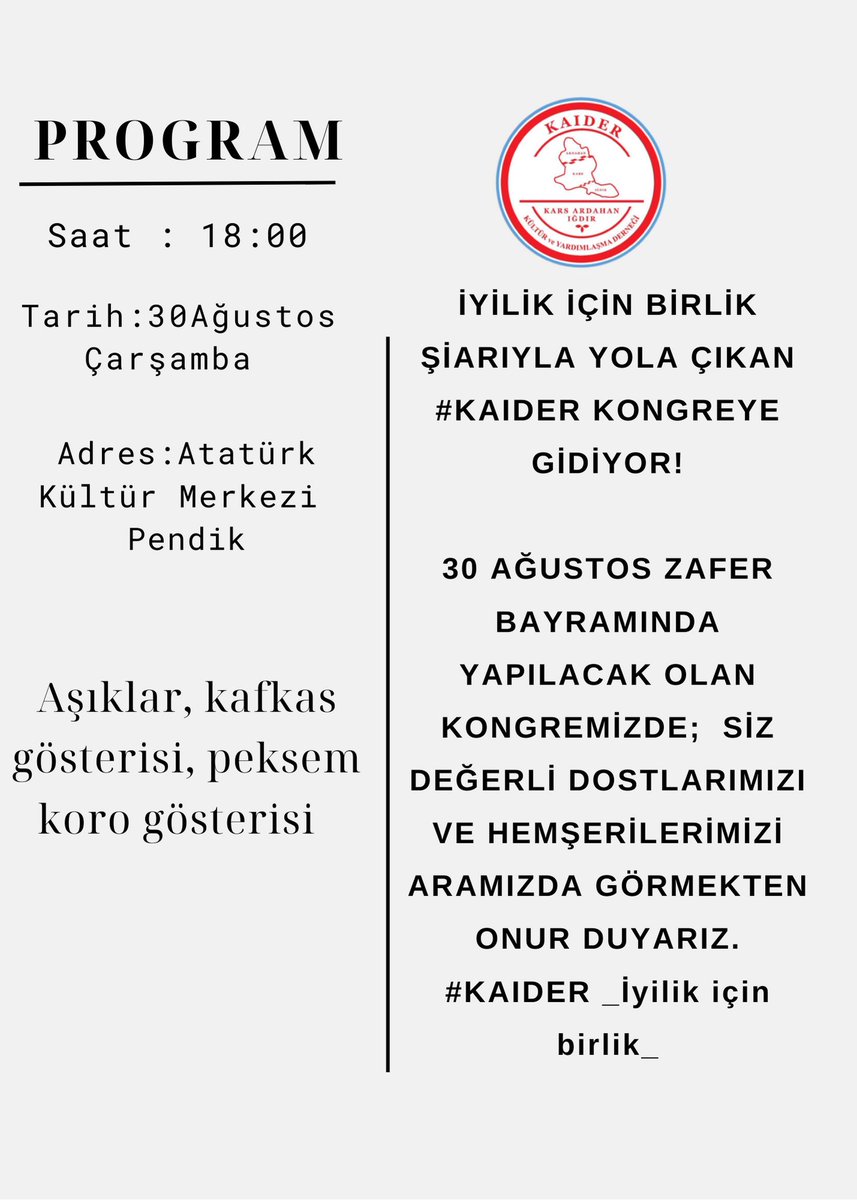 dernekkai's tweet photo. İYİLİK İÇİN BİRLİK ŞİARIYLA YOLA ÇIKAN #KAIDER KONGREYE GİDİYOR!

30 AĞUSTOS ZAFER BAYRAMINDA YAPILACAK OLAN KONGREMİZDE;  SİZ DEĞERLİ DOSTLARIMIZI VE HEMŞERİLERİMİZİ ARAMIZDA GÖRMEKTEN ONUR DUYARIZ.
#KAIDER #İyilikiçinbirlik https://t.co/B7zSPReweP