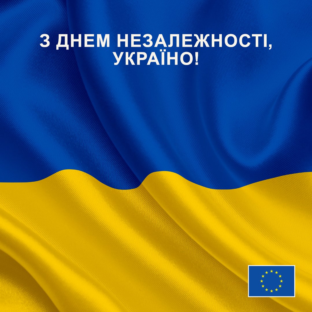 EU_Commission's tweet photo. Today is the 32nd Ukraine Independence Day.

18 months into an existential fight, Ukraine's people are not only defending their freedom but also writing the future of Europe.

We can never match your sacrifices, but we stand with you, today and in the long run.

#StandWithUkraine https://t.co/V5rEPL7ZhD