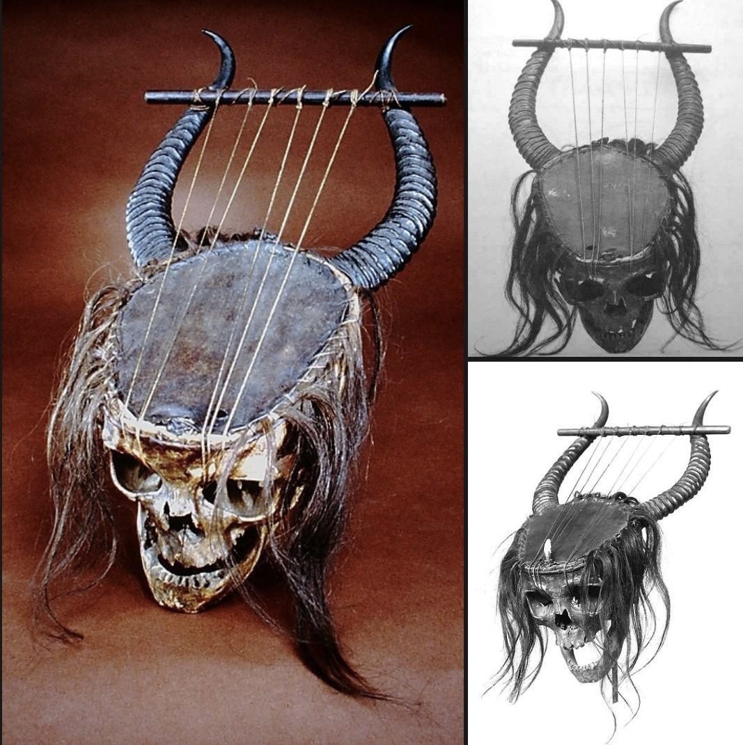 A Central African lyre made from a human skull, antelope horns, skin, gut, and hair. 19th century CE