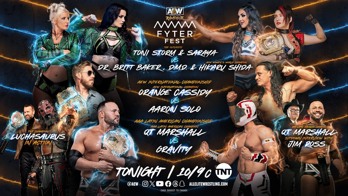 Don’t miss Friday Night Rampage #FyterFest in ONE HOUR at 10pm ET/9pm CT on @TNTDrama! • @QTMarshall (c) v @GravityLuchador • @orangecassidy (c) v @AaronSoloAEW • @Saraya & #ToniStorm v @shidahikaru (c) & Dr. @realbrittbaker • TNT Champ @luchasaurus in action & more!