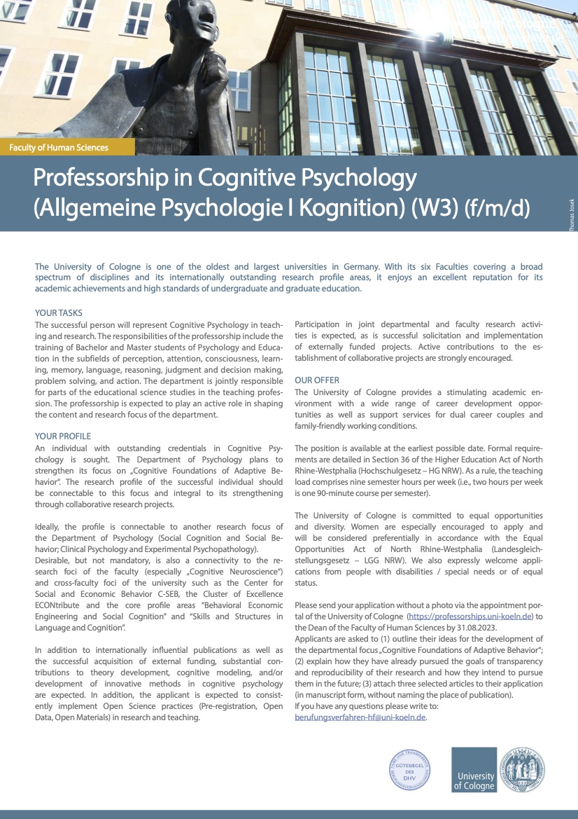 One week left to apply: 🚨W3 professorship in Cognitive Psychology <a href="/UniCologne/">Universität zu Köln</a> 🚨 available at the earliest possible date. 👇