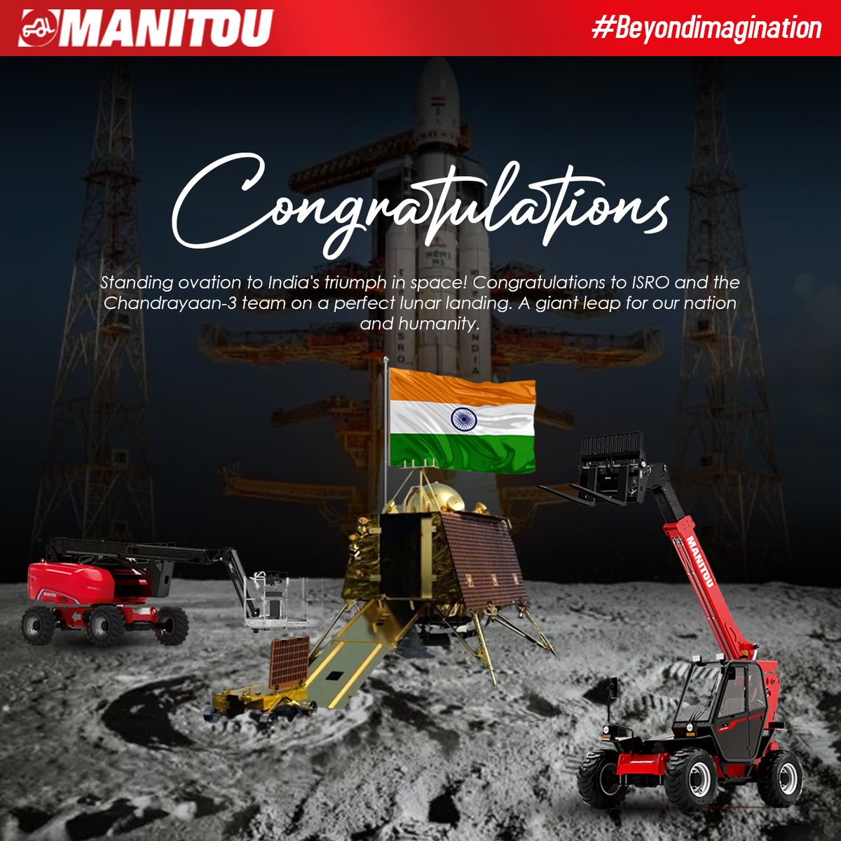manitou_india's tweet photo. Manitou Team extends our warmest congratulations to India and ISRO on the successful landing of Chandrayaan-3! Your remarkable achievement is an inspiration to us all. 🌕🚀
.
.
#Chandrayaan3Success #ISROTriumph #ProudMoment #ManitouIndia  #MaterialHandlingSolution https://t.co/68fYi3PFxa