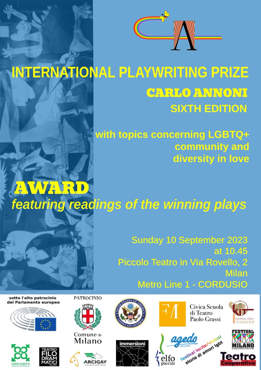 Had a ball reading the finalists’ scripts of the 2023 Carlo Annoni International Playwriting Prize (English language category) 🤓 Looking forward to the Award ceremony on 10 September at <a href="/Piccolo_Teatro/">Piccolo Teatro</a> in Milan 🎭 

#LGBTQ
#LGBTQtheatre