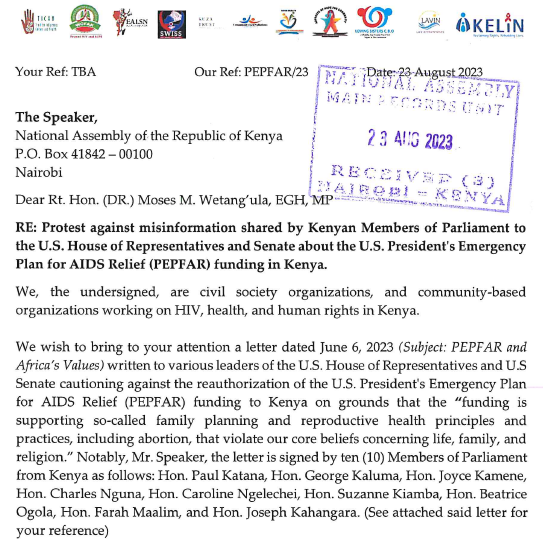 .@KELINKenya +49 CSOs and CBOs working on HIV, health, and human rights in Kenya, have written a protest letter to the Speaker of the @NAssemblyKE, @HonWetangula against the action of 10 MPs that may jeopardise HIV funding to Kenya. #ReauthorizePEPFAR