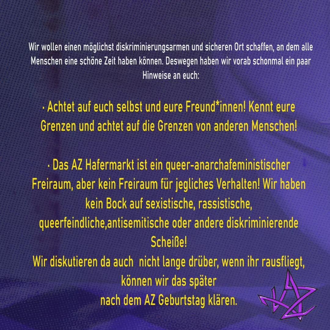 AZHafermarkt's tweet photo. Awareness beim AZ Hafermarkt Geburtstag 

Lasst uns den AZ Hafermarkt Geburtstag gemeinsam zu einem möglichst geschützten und diskriminierungsarmen Ort machen! https://t.co/IqdWw6cpnj