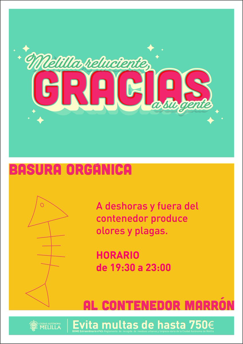✨Para mantener Melilla reluciente, evita tirar basura orgánica a deshoras o dejarla fuera del contenedor. Esto puede producir malos olores y plagas

🚮Tira estos residuos al contenedor marrón de 19:30h a 23:00h, evitando multas de hasta 750€

<a href="/GobiernoMelilla/">Gobierno de Melilla</a> <a href="/MedioAmbienteML/">Medio Ambiente CAM</a>