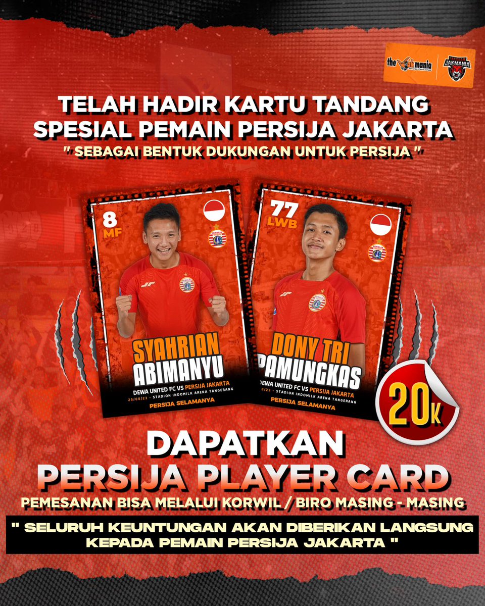 InfokomJakmania's tweet photo. The Jak ... !!! 
𝗞𝗮𝗿𝘁𝘂 𝗧𝗮𝗻𝗱𝗮𝗻𝗴 𝗦𝗽𝗲𝘀𝗶𝗮𝗹 𝗣𝗲𝗺𝗮𝗶𝗻 𝗣𝗲𝗿𝘀𝗶𝗷𝗮 𝗝𝗮𝗸𝗮𝗿𝘁𝗮 pada edisi kali ini terdapat dua model kartu yaitu edisi Syahrian Abimanyu &amp; Dony Tri Pamungkas. 

Yuk segera dapatkan Persija Player Card edisi kali ini Jak!! 
#InfokomJakmania https://t.co/zbCQMvPt9a