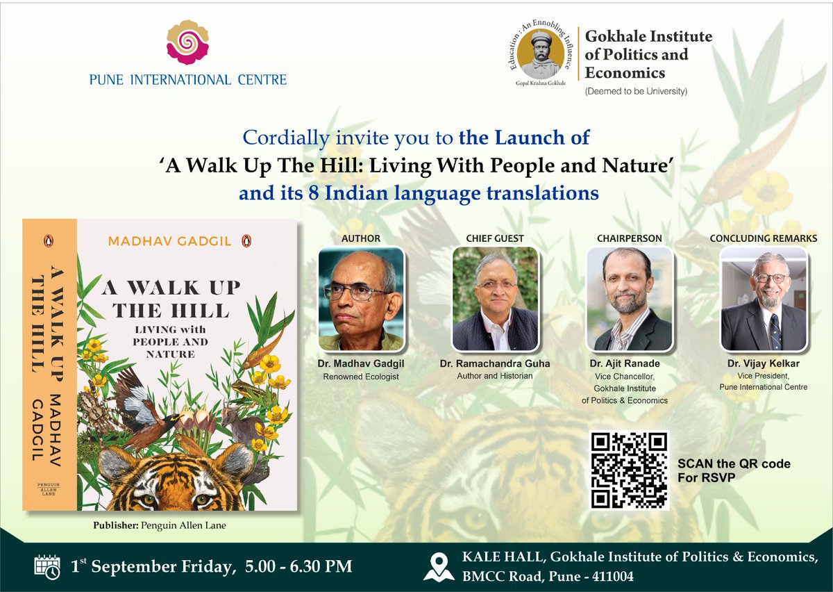 Together with the @gipe_official, we @PuneIntCentre cordially invite you to the Launch of 'A Walk Up the Hill: Living with People and Nature'. 🗓️1st Sept. 2023 (Fri.) | 5 pm onwards. Chief Guest: Dr. Ramachandra Guha @Ram_Guha 🔗RSVP forms.gle/KtSMLTE5e699Jj…