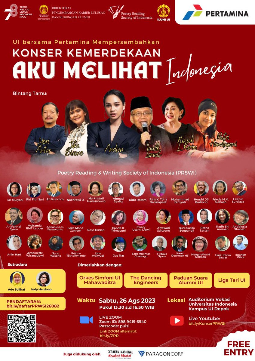 alumniUI's tweet image. Konser Kemerdekaan “Aku Melihat Indonesia”
🗓 Sabtu, 26 Agustus 2023
⏳  13.30 – 16.30 WIB
📍 Auditorium Vokasi UI, Kampus UI Depok

Pendaftaran (FREE ENTRY) 
bit.ly/daftarPRWSI260…

DPKHA UI &amp;amp; ILUNI UI 2022-2025
#UniversitasIndonesia
#DPKHAUI
#ILUNIUI
#KonserKemerdekaan
#Puisi