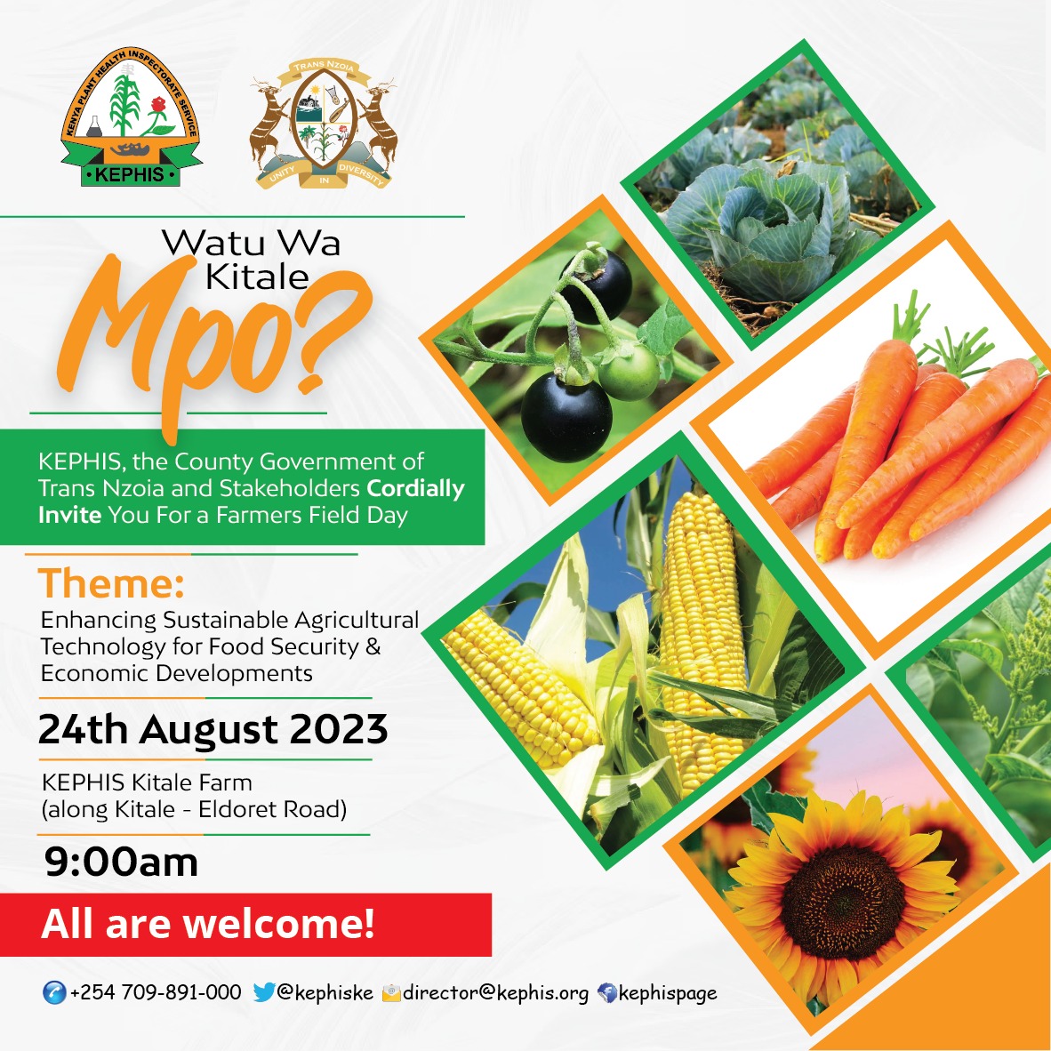 Welcome all today for the Kitale farmers field day..the sun is out..the weather excellent..KEPHIS and stakeholders are ready to show you various crops for nutrition and food security. Karibuni nyote! All are welcome!