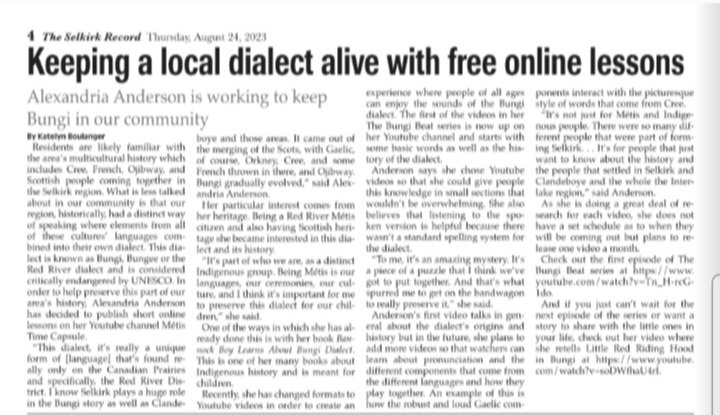LADYALEXANDRIA's tweet photo. HONORED to be interviewed by my Hometown Newspaper @SelkirkRecord about my Preserving #Bungi #TheRedRiverDialect #Metis #Mètis #MetisNation #IndigenousLanguages #Selkirk #Gaelic @CelticLife #Scotland @UNESCO https://t.co/KUEKdBWlp2 https://t.co/WlbtW3BtaE