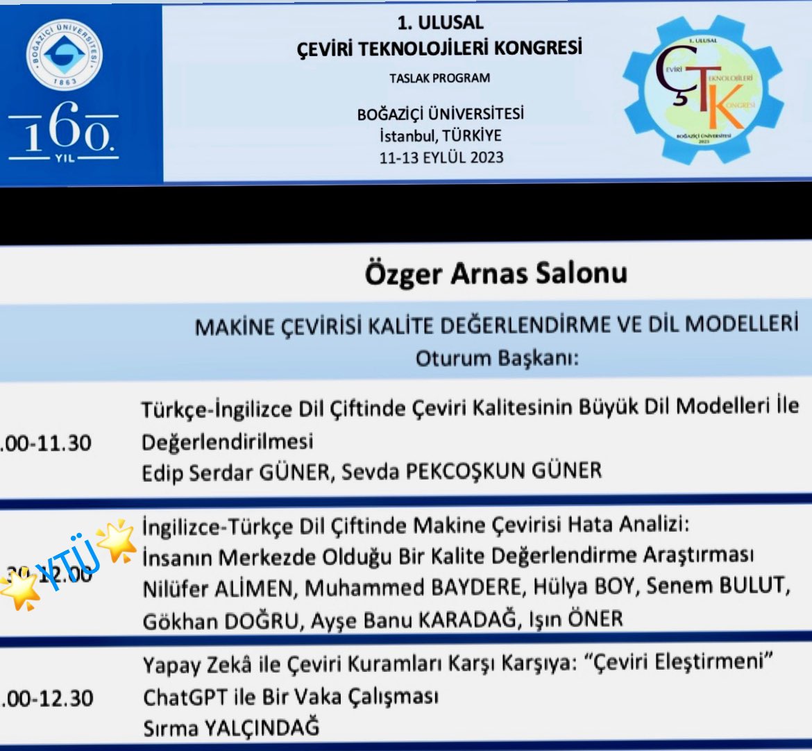 YTÜ BAP Birimimiz tarafından desteklenen 🙏 projemizle 13 Eylül’de Boğaziçi Üniversitesi Çeviri Teknolojileri <a href="/ceviriteknoloji/">1. Ulusal Çeviri Teknolojileri Kongresi</a> Kongresi’ndeyiz:🌟“İng.-Tr. Dil Çiftinde Makine Çevirisi Hata Analizine Bütüncül Bir Yaklaşım” <a href="/BapYtu/">YTÜ-BAP Koordinasyon Birimi</a> <a href="/ozkaya_bestami/">Bestami ÖZKAYA</a> <a href="/profugurdogan/">Uğur Doğan</a> <a href="/YtuFedFkl/">YTÜ Fen-Edebiyat Fakültesi</a> <a href="/ytubde/">YTÜ Batı Dilleri ve Edebiyatları Bölümü</a>