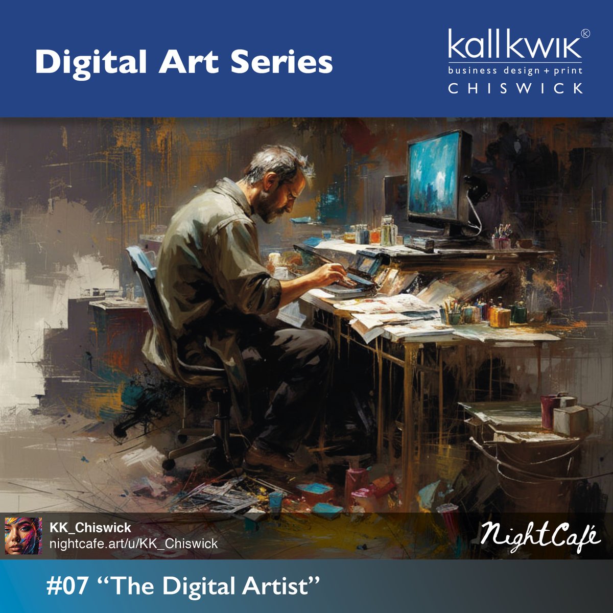 The 7th of some digital artworks inspired by the world of design &amp; print.
Sometimes very random or wacky.
No 07:  “The Digital Artist”

created on the NightCafe site.
<a href="/nightcafestudio/">NightCafe Studio</a>

#Chiswick #printing #posters #bannerdesign #pullups #outdoorbanner