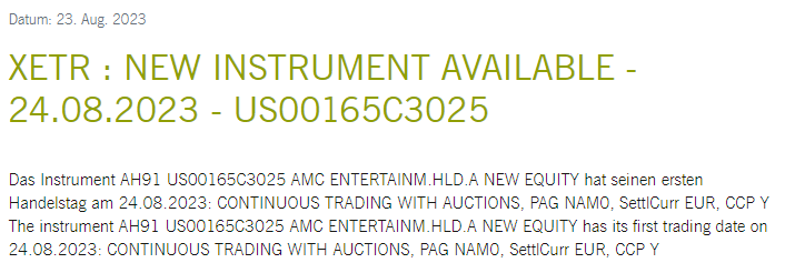 DominikSteuben's tweet photo. Good Morning from Germany 🇩🇪
and welcome to "AH91".
This ist the new "stock exchange code" for $AMC in Germany. 

We wish AH91 many green candles and always a proper settlement. 

#AMC https://t.co/B85bcCbt40