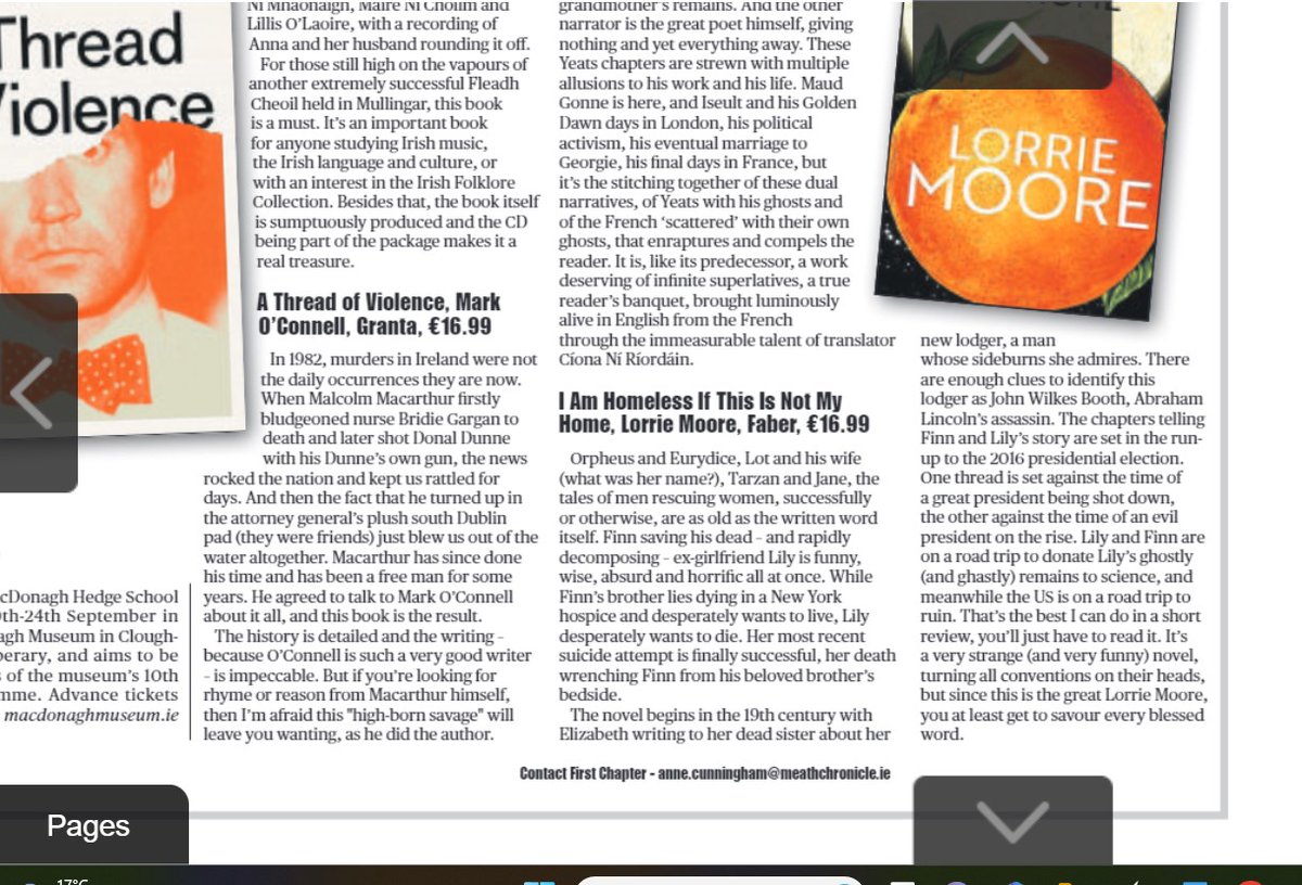 Reviews of Amhrain Anna John Chiot, Mark O'Connell's A Thread of Violence, Maylis Besserie's Scattered Love & Lorrie Moore's I am Homeless if This is Not my Home in this wk's Chronicle and other papers. @GillHessLtd @CormacKinsella @FourCourtsPress @LilliputPress