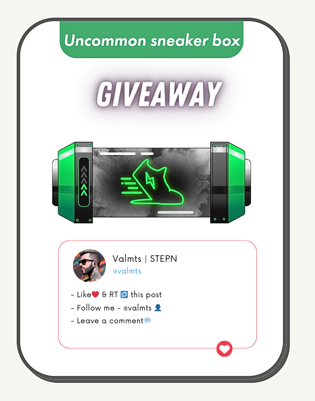 🎉 Uncommon Shoebox Alert! 
🎁I'm giving away 1 Uncommon STEPN shoebox! 🥳

To enter raffle: 
- Like❤️ &amp; RT🔁 this post
- Follow me - <a href="/valmts/">Valmats 𝕏 🇺🇦</a> 👤
- Leave a comment💬

Results on Aug 28th. Don't miss this heat! 🔥👟 

#stepn #mooar