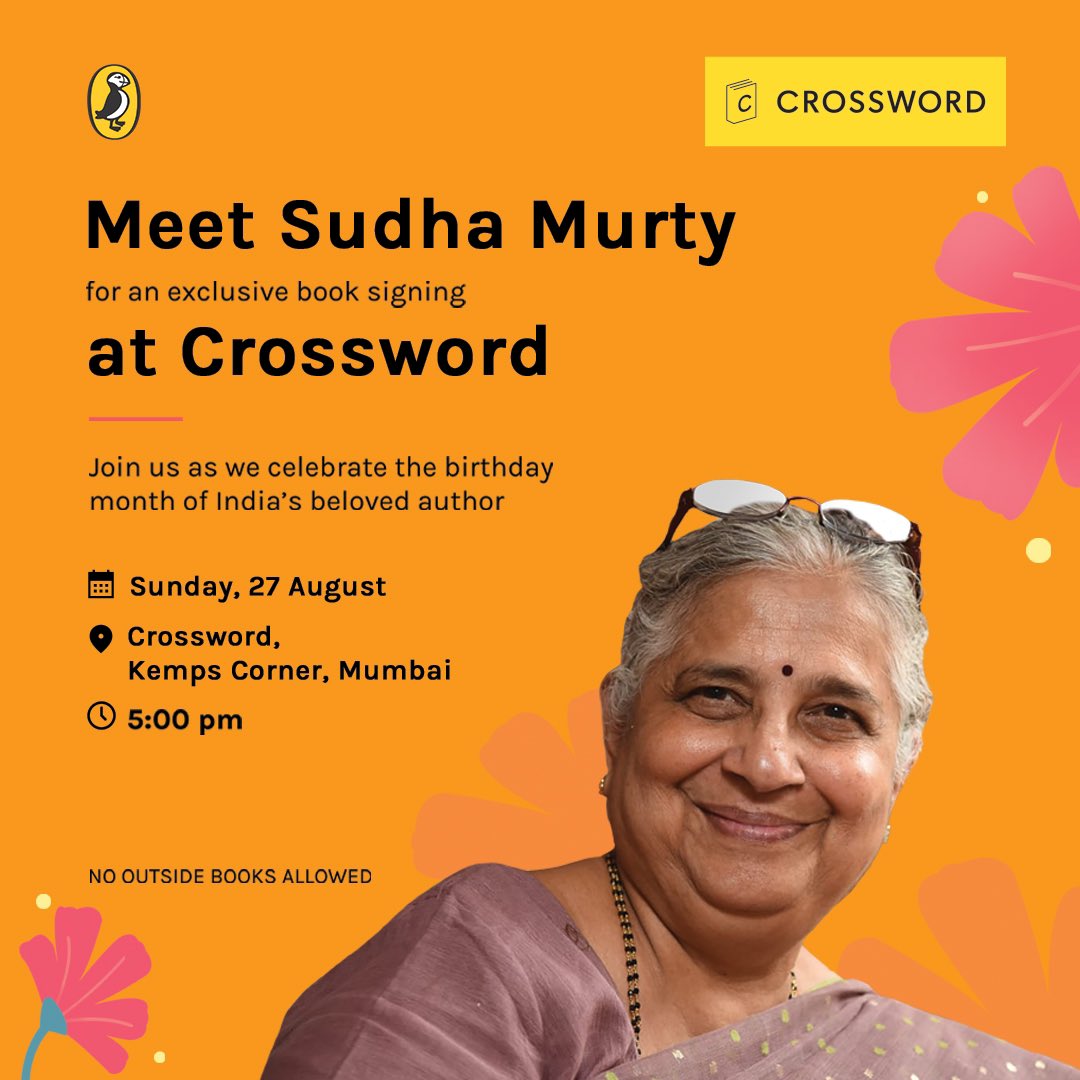 Join us in celebrating the birthday month of the legendary Sudha Murty at Crossword. 📚✨ 

Meet the iconic author, have your books personally signed, and be a part of this literary jubilation. See you there!

#crosswordbookstores #readers #sudhamurty #authormeet #booksigning