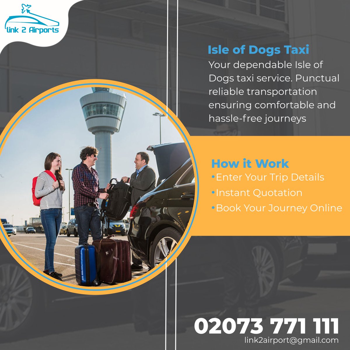'Link 2 Airport: Your reliable Isle of Dogs taxi service in the UK, offering convenient and comfortable rides to and from the airport.'

services.link2airports.com
#IsleOfDogsTaxi 
#UKAirportTransfers 
#ReliableCabs 
#ConvenientTravel 
#AirportShuttles
