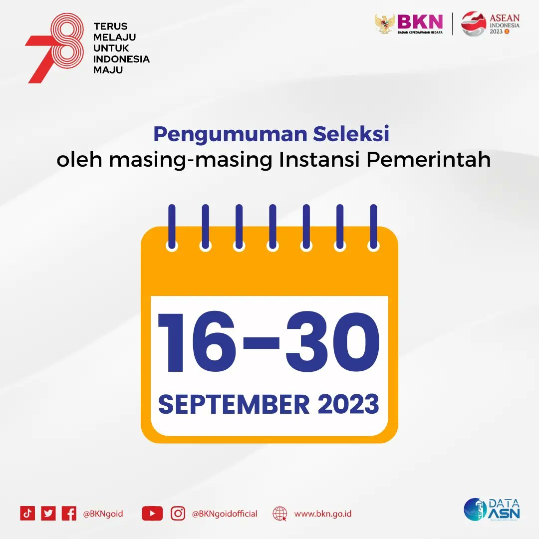 BKNgoid's tweet photo. Terkait informasi pelaksanaan #SeleksiCASN2023 silakan merujuk pada laman resmi pemerintah.

Cermati pengumuman &amp; ketentuan pendaftaran yang akan diumumkan instansi mulai 16 September 2023 mendatang. 

Catat tanggalnya! 
Lebih lengkapnya baca di web BKN. 

#SatuDataASN
#ASNNetral https://t.co/yv6zf2IL7d