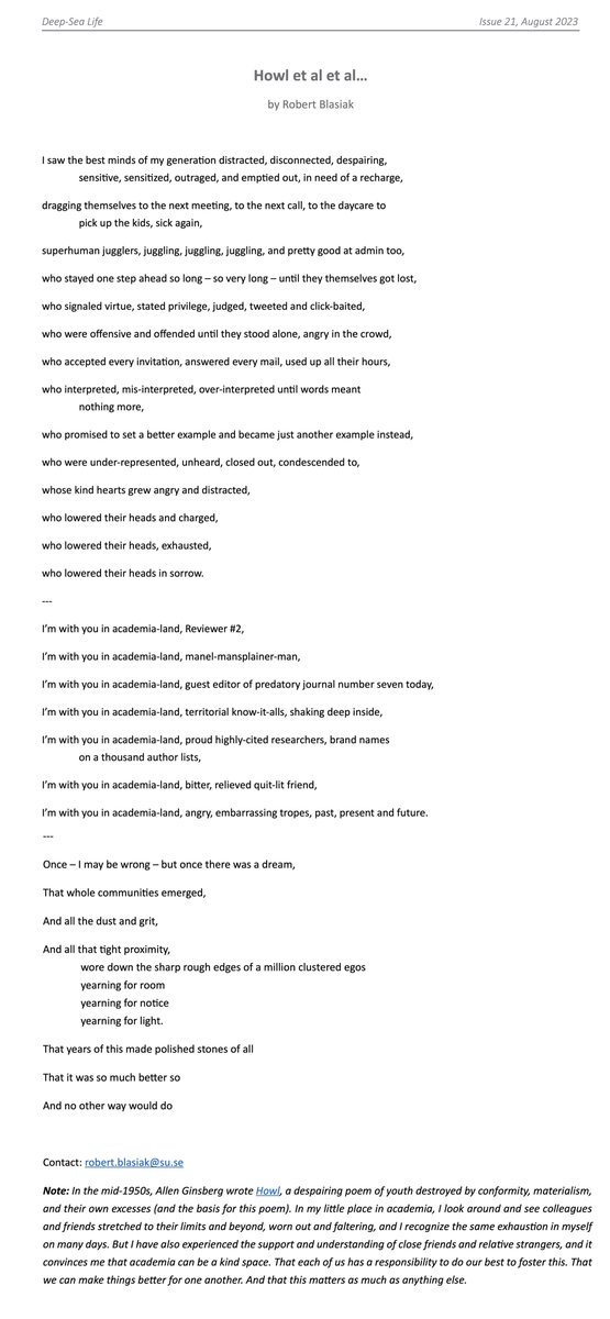 So easy to get worn down by academia. To grow fragile. To burn out. And so much more we can do to support one another. This is 'Howl et al et al' - inspired by Allen Ginsberg's 1950s poem.