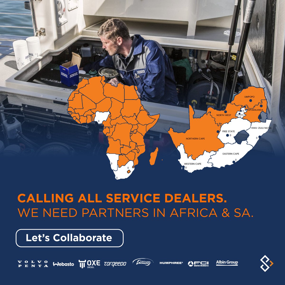 We are looking for new service dealers in Gauteng for Volvo Penta, Webasto & WhisperPower products plus sales and services dealers for Oxe & Torqeedo in East/West Africa. Email services@southernpower.co.za to join us. #Gauteng #PortElizabeth #EastLondon