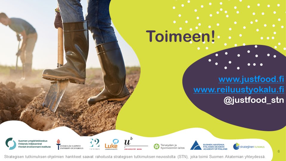Pohditko jonkin ympäristötoimen tai vastuullisuusteon oikeudenmukaisuutta? Tartu toimeen ja ota avuksesi Reiluustyökalu!

justfood.fi/fi-FI/Reiluust…

#Reiluustyökalu #Ruokajärjestelmä #Ruokamurros
<a href="/Akatemia_STN/">Strateginen tutkimus</a> <a href="/JYUfood/">Food Studies JYU</a> <a href="/SYKEinfo/">Suomen ympäristökeskus</a> <a href="/e2_tutkimus/">E2 Tutkimus</a>