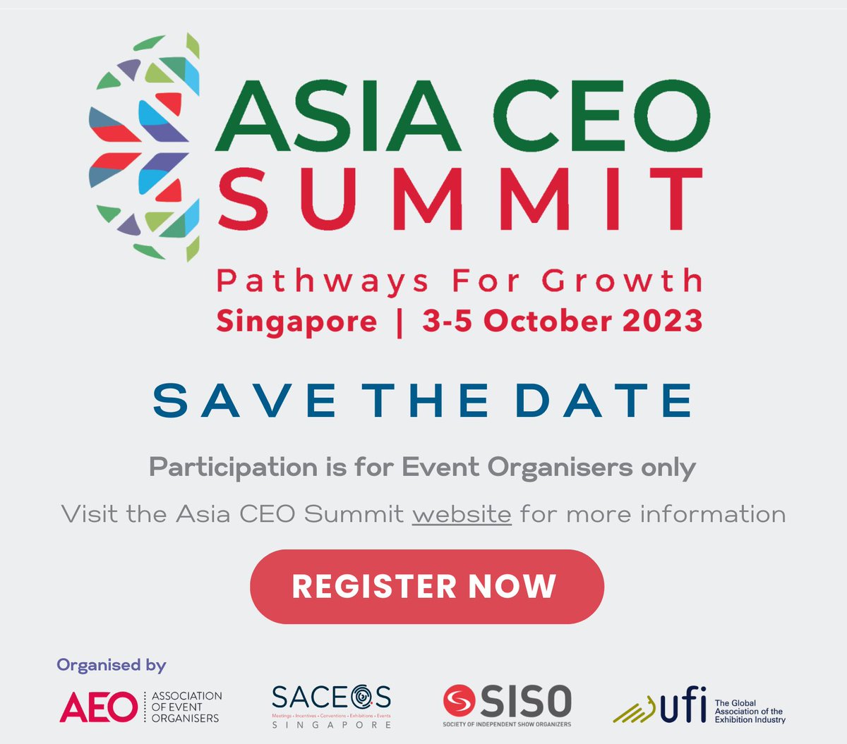 UFILive's tweet photo. Jointly organised by @aeonews, @SACEOS, @SisoOrg and UFI, and supported by Singapore Tourism Board, the “Asia CEO Summit” will take place in Singapore from 3-5 October 2023.
Secure your spot now: https://t.co/WOJIq4gKLQ
#ufinews #ufi #aeo #siso #saceos #businessevents https://t.co/4akxCo17gl