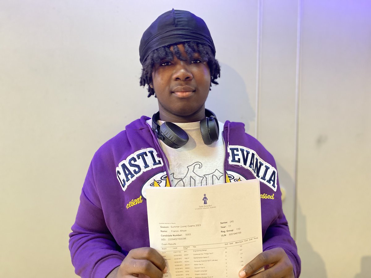 StBenedictDerby's tweet photo. Congratulations to all of our #GCSE students who collected their results today 👏 Well done to Franco who achieved grades ranging from 4 to 5, which mean he can move on to the next stage of his education. Great job Franco! Read more: https://t.co/ovWLyVNldy #GCSEResultsDay https://t.co/V8WcnCtuQ3