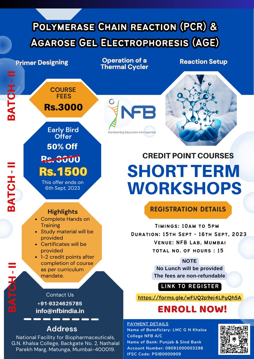 NFB_india's tweet photo. Join our exciting Polymerase Chain Reaction &amp; Agarose Gel Electrophoresis Short-Term Workshop. 

Registration link: https://t.co/7NtoMiFD8e
Workshop fees: INR 3000
Early bird offer INR 1500 
Please note this offer ends on 06th Sept, 2023

Get in touch with us on info@nfbindia.in https://t.co/1GmSdF8NL6