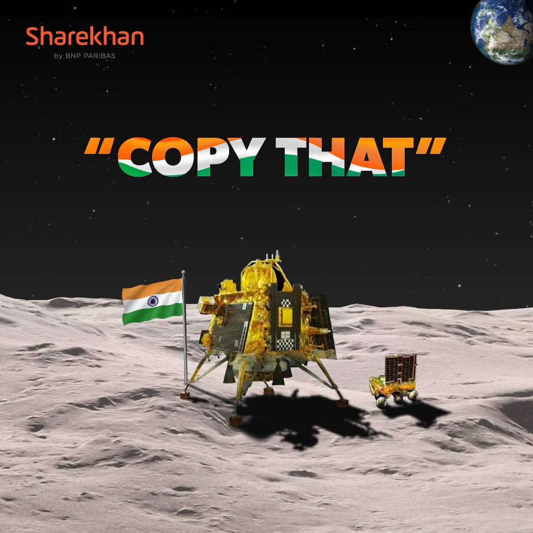 Sharekhan's tweet photo. India's Chandrayaan 3 rover 🛰️ touched down yesterday on the lunar surface , proudly bearing the Indian flag 🇮🇳. The message is clear: Copy That, as we explore new frontiers of space exploration.

#Sharekhan #Chandrayan3 #lunarMission #ISRO https://t.co/YkwLt5zrng