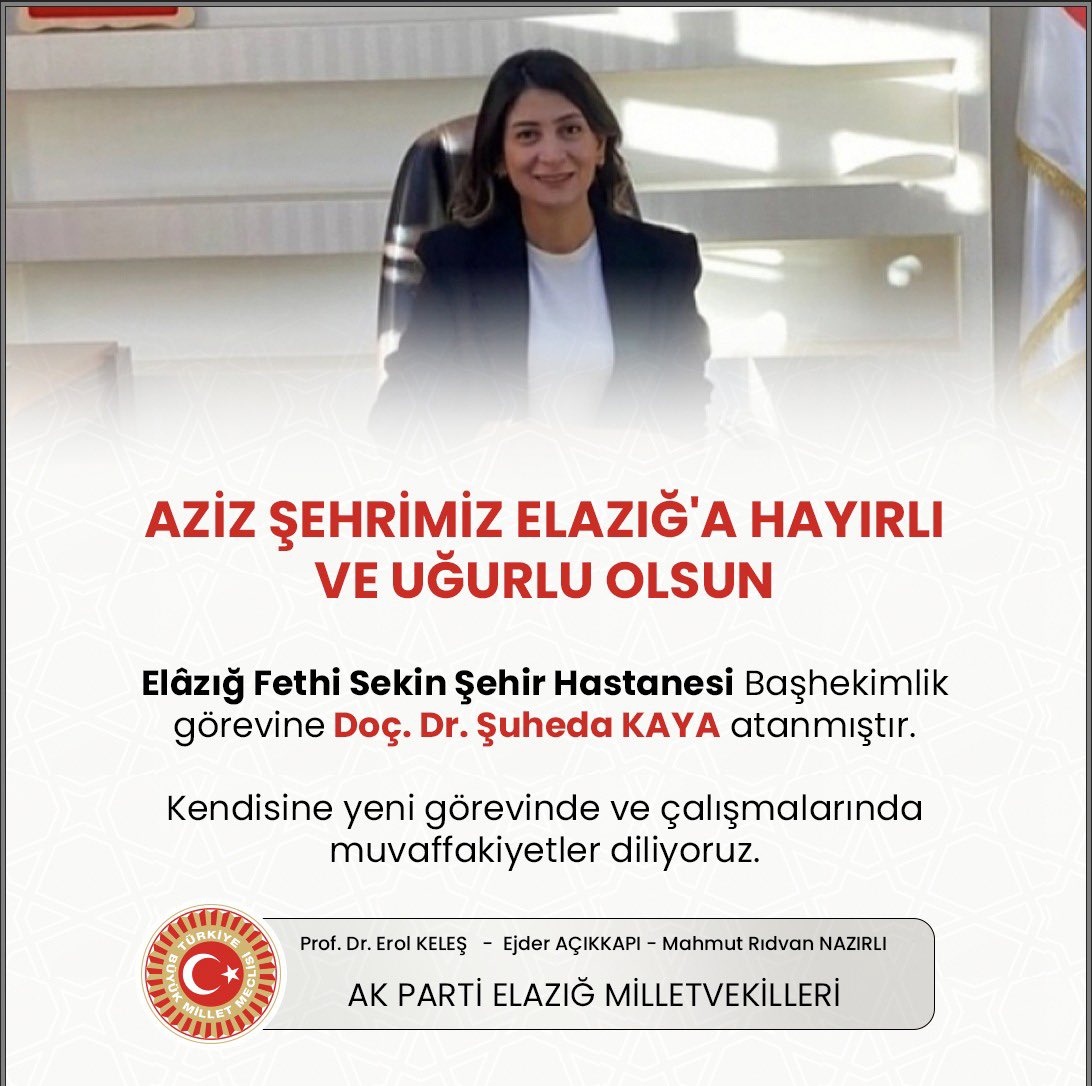 erolkeles23's tweet photo. AZİZ ŞEHRİMİZ ELAZIĞ'A HAYIRLI VE UĞURLU OLSUN

Elâzığ Fethi Sekin Şehir Hastanesi Başhekimlik görevine Doç. Dr. Şuheda KAYA atanmıştır. 

Kendisine yeni görevinde ve çalışmalarında muvaffakiyetler diliyoruz. https://t.co/o0hFzdFDvy