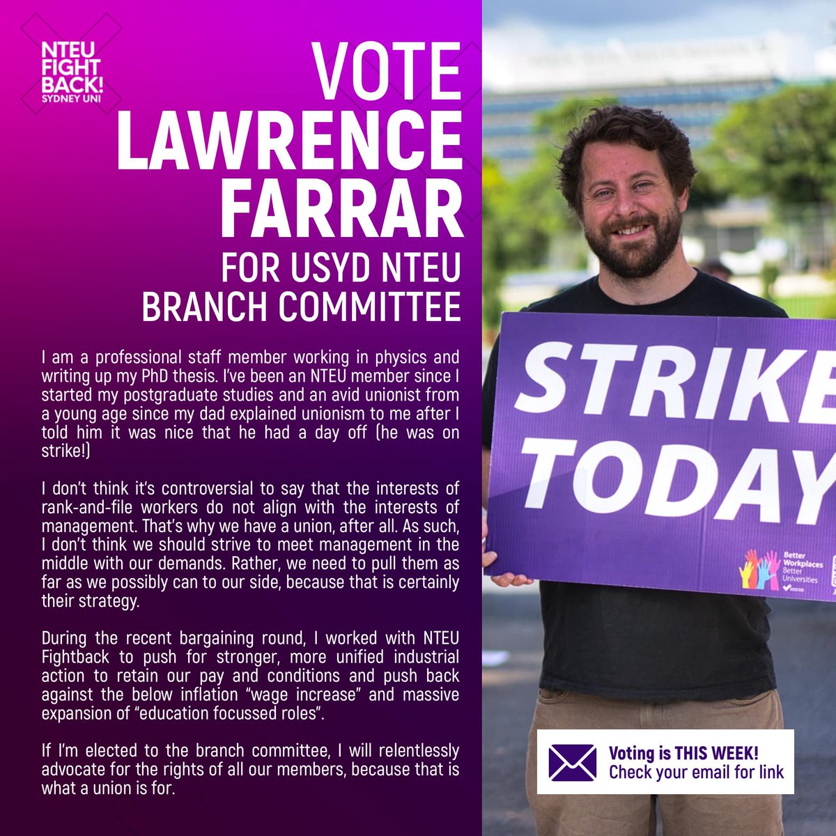 SydneyFight's tweet photo. For a principled, activist union, vote for NTEU Fightback candidates in the USyd NTEU branch committee by-election: David Allen and Lawrence Farrar. Voting will be electronic, and you’ll receive a link in your email soon. https://t.co/JcGI17oTQ3