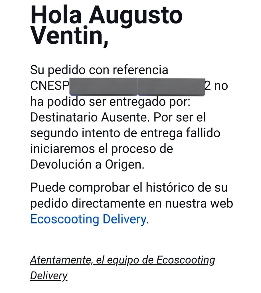 augustoventin's tweet photo. Señores de @AliExpressES, #Ecoscooting es la empresa de reparto y en dos ocasiones, habiendo estado en el domicilio, dicen que han ido y que no han logrado hacer la entrega. No responden a las reclamaciones. Ni redes sociales tienen... Me siento estafado #aliexpress #Estafa https://t.co/Ne5hf1Ik3v