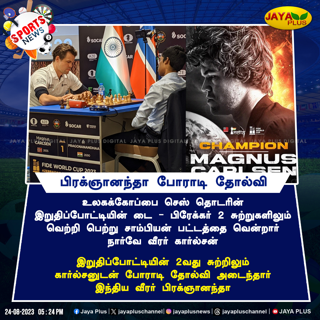 jayapluschannel's tweet photo. சரித்திரம் படைத்தார் நார்வே வீரர் கார்ல்சன்..!
@ChessbaseIndia #WorldCupChess #PragVsCarlsen #TieBreaker #Praggnanandhaa #Winner #Champion #chessWorldCup2023 #Jayaplus https://t.co/50QmSF1h9L