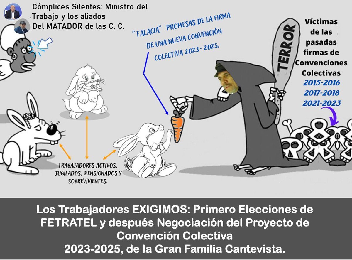 #24Ago Señores:
.<a href="/OITnoticias/">OIT</a>
.<a href="/OITAndina/">OIT Países Andinos</a>
.<a href="/ONU_derechos/">ONU Derechos Humanos - América del Sur</a>
.<a href="/KarimKhanQC/">Karim A. A. Khan KC</a>
.<a href="/_Provea/">PROVEA</a>
.<a href="/SoyCTV/">CTV</a>
.<a href="/CentralASI/">Central ASI Vzla</a>
.<a href="/torrealbaf_/">Francisco Torrealba</a>
.<a href="/ElNacionalWeb/">El Nacional</a>
.<a href="/NicolasMaduro/">Nicolás Maduro</a>
Los Trabajadores Cantevistas  RECHAZAMOS por ilegal la negociación de la Convención Colectiva 2023 2025
URGE #InvestigarCantvYa 🖤