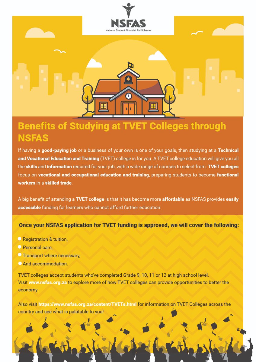 myNSFAS's tweet photo. Today almost 95% of TVET students are funded by NSFAS and students who have a grade 9, 10, 11 or 12 can apply to study at a TVET College.  Visit https://t.co/4gk75HosNN to find out more on what TVET Colleges can offer for a successful future.
#TVETMonth https://t.co/Jv5zOmYXsH