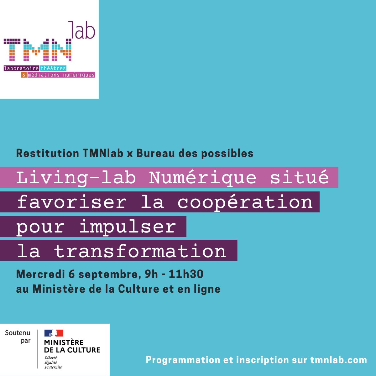 Le TMNlab, avec le <a href="/bupfr/">Bureau des Possibles</a> et le soutien du Service du numérique du <a href="/MinistereCC/">Ministère de la Culture 🇫🇷</a>, a conçu le #Livinglab #Numériquesitué. Rendez-vous le 6 septembre 2023 pour découvrir la méthode, les questionnements et les livrables produits au cours de cette expérimentation.