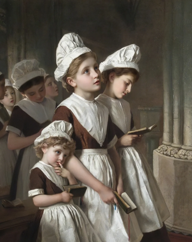 cutey_chou's tweet photo. Get to know a world famous painting every day — No. 26🎨
Title: Girls in the Chapel
By: Sophia Anderson
Nationality: French
Year: mid-19th century
Size: 68×54.8cm
Category: Kids
Material: oil painting on canvas
Where it is now: Foundling Museum, London

It depicts a foundling girl praying in the chapel of a foundling hospital, a religion that was an important part of hospital life in the 19th century. All hospitalized children were baptized and the girls were orphans who had been left in church.

The children held the Bible and seemed to be listening to the explanation. The soft light shines on their immature and clear faces, giving people a sense of tranquility and peace. The girls do not seem to lose hope for the future because of the confusion of the past and the present, and they still face a new day with an optimistic and positive attitude.

Sophia Anderson (1814-1876), French painter, she was a self-taught artist who specialized in paintings of women and children. She grew up in France, but emigrated to the United States in 1848 to escape the Revolution. After marrying an English artist, he moved to England in 1854. She devoted herself primarily to genre paintings depicting women and children, especially in rural settings.

Share world famous paintings every day
Make small but daily progress🥰🥰🥰
#Art #famous painting #painting #world masterpiece #daily sharing #draw #Aesthetic accumulation