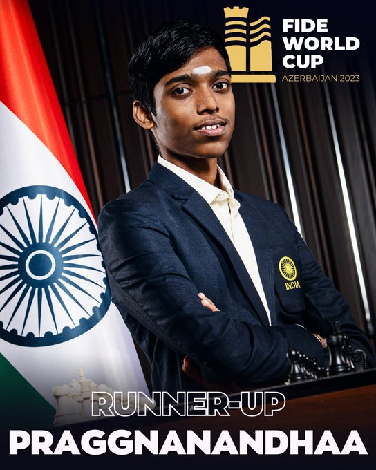 EconomicTimes's tweet photo. International Chess Federation (FIDE) tweets, "Praggnanandhaa is the runner-up of the 2023 FIDE World Cup! Congratulations to the 18-year-old Indian prodigy on an impressive tournament! On his way to the final, Praggnanandhaa beat, among others, world #2 Hikaru Nakamura and #3 Fabiano Caruana! By winning the silver medal, Praggnanandhaa also secured a ticket to the FIDE Candidates."   (Pic: International Chess Federation)