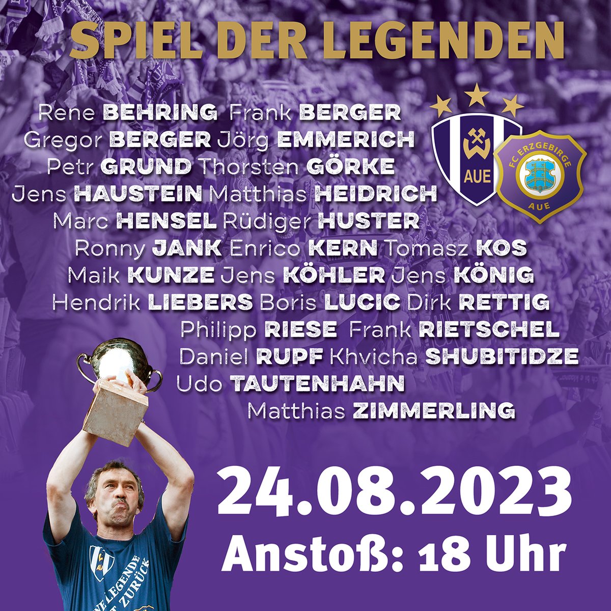 FCErzgebirgeAue's tweet photo. Legenden-Spieltag!🔥💜
Heute um 18.00 Uhr steigt im #Erzgebirgsstadion das #SpielderLegenden!
Das Spiel findet anlässlich der Festtage zu "850 Jahre Aue" und dem 20. Jubiläum des ersten Zweitligaaufstiegs, sowie zu Ehren von Gerd #Schädlich statt. https://t.co/3U6CpgqlR8