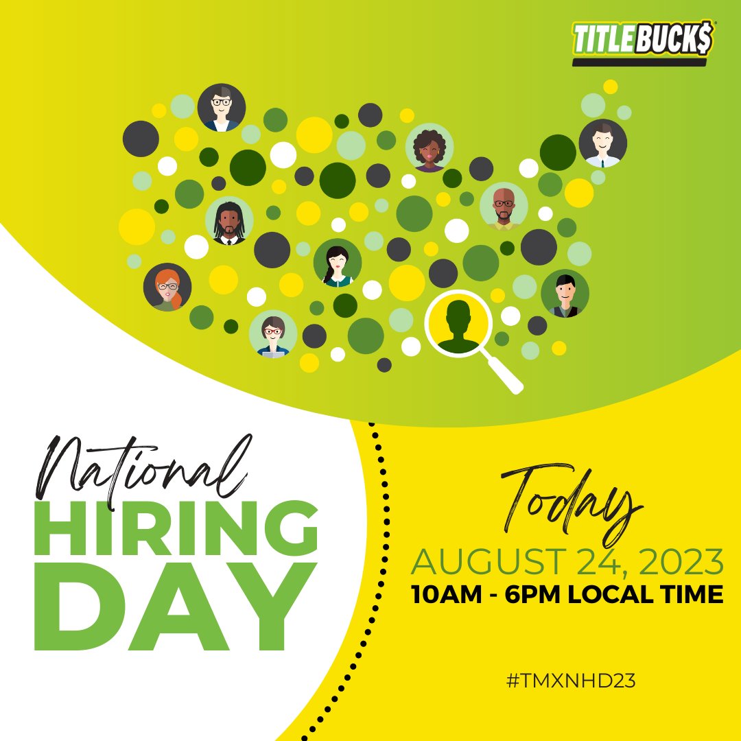 #TMXNHD23 is HERE! Join us TODAY at any TitleMax®, TitleBucks®, or InstaLoan® from 10am-6pm local time for an opportunity to interview for an opening on one of our growing teams! Learn more about who we are, what we do, &amp; find a location near you here. >> bit.ly/tmxnhd23