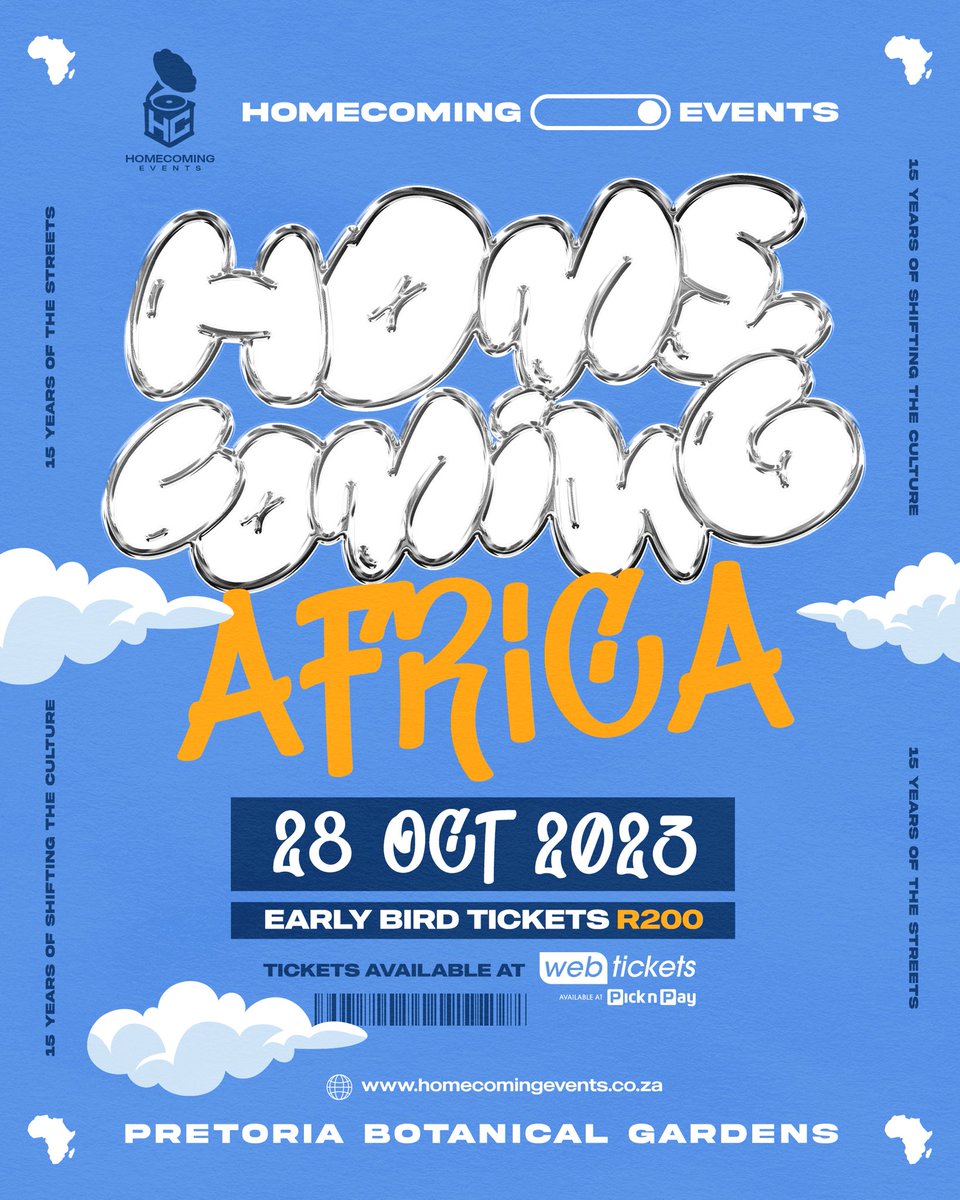HomeComingEvent's tweet photo. The year is 2000 &amp; all your problems don't exist. #HomeComingAfrica returns to the garden of dreams, Pretoria Botanical Gardens on the 28th of October 2023. ✨

Head to our website https://t.co/McFzZlvT3Y, Webtickets, or your nearest Pick n Pay for limited early bird tickets! https://t.co/USnm0cUoyk
