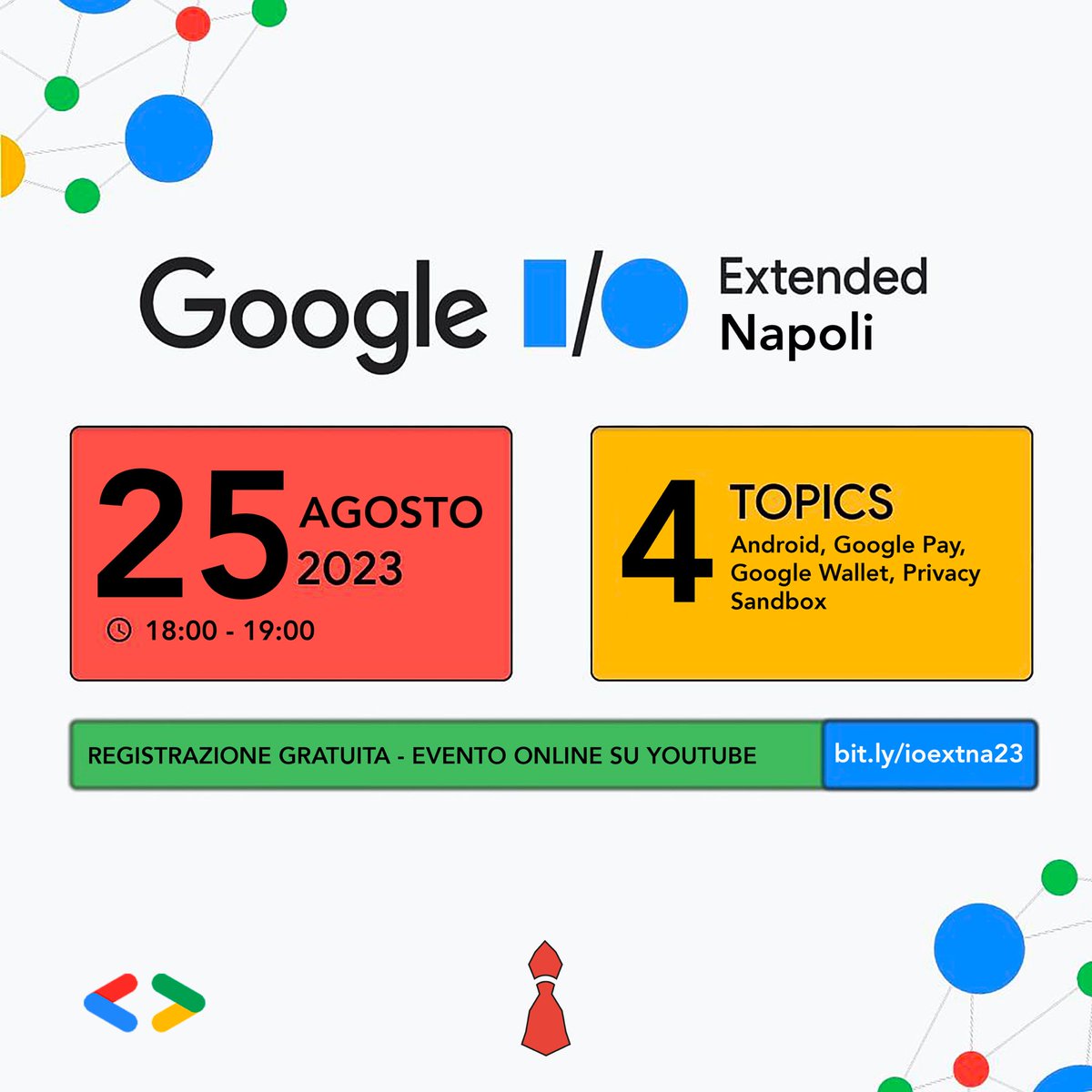 GDGNapoli's tweet photo. Domani al Google I/O Extended Napoli 2023, in diretta streaming su YouTube approfondiremo le novità di Android 14, gli aggiornamenti su Google Pay, Wallet, Privacy Sandbox e Material Design https://t.co/BSegtXw1dm
