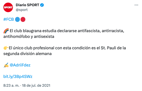 rogertugas's tweet photo. 🤔 Recordeu quan, fa dos anys, Laporta volia declarar el Barça com a club "antisexista", amb una reforma d'Estatuts per emular el Sankt Pauli?

Doncs ara vindria a ser un bon moment per ser-ne conseqüent amb fets, més enllà d'eventuals gestos de cara a la galeria https://t.co/c9CAJHjwcG
