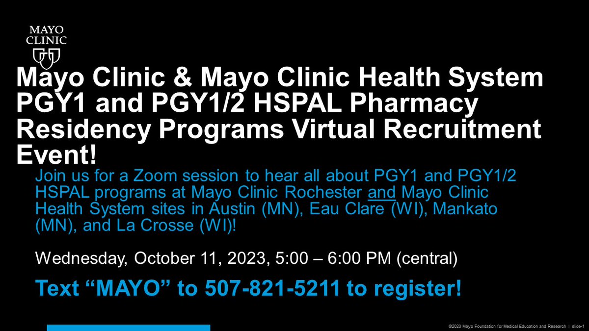 Join Mayo Clinic Midwest PGY1 and PGY1/2 Health System Pharmacy Administration and Leadership with Masters Open House. We look forward to talking with you about our programs! mayocl.in/3P9oWVu